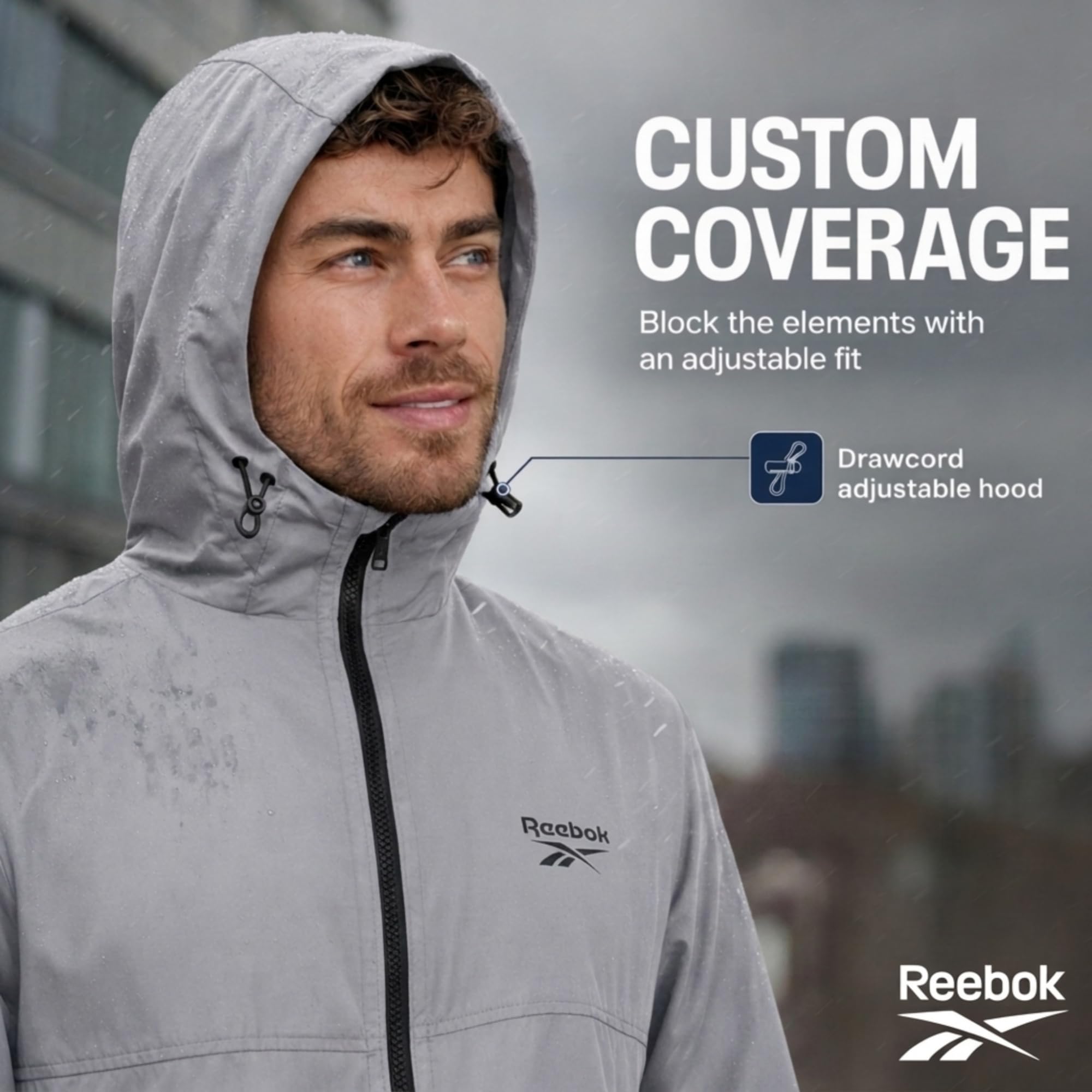 Reebok Chaqueta impermeable para hombre con capucha, cortavientos para hombre, ligera e impermeable