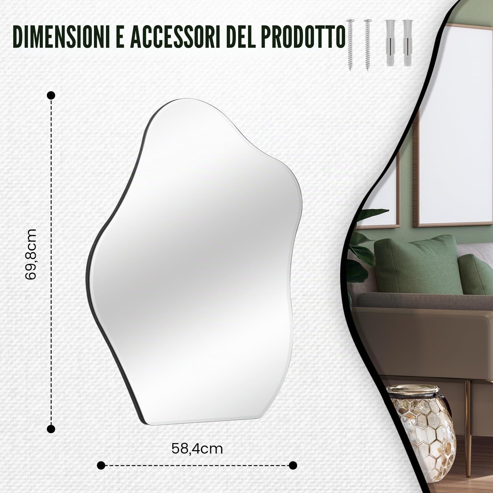 Muzilife Specchio asimmetrico da appendere, grande specchio da parete senza cornice con retro in MDF da 58x70 cm, specchio da tavolo irregolare per soggiorno, camera da letto, bagno, corridoio