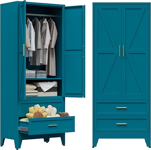 Miniatura 12 de COFaR Armario de metal, 71 Armario de granja con varillas, 2 puertas de granero, estantes ajustables, acero con armarios de dormitorio de 2 cajones