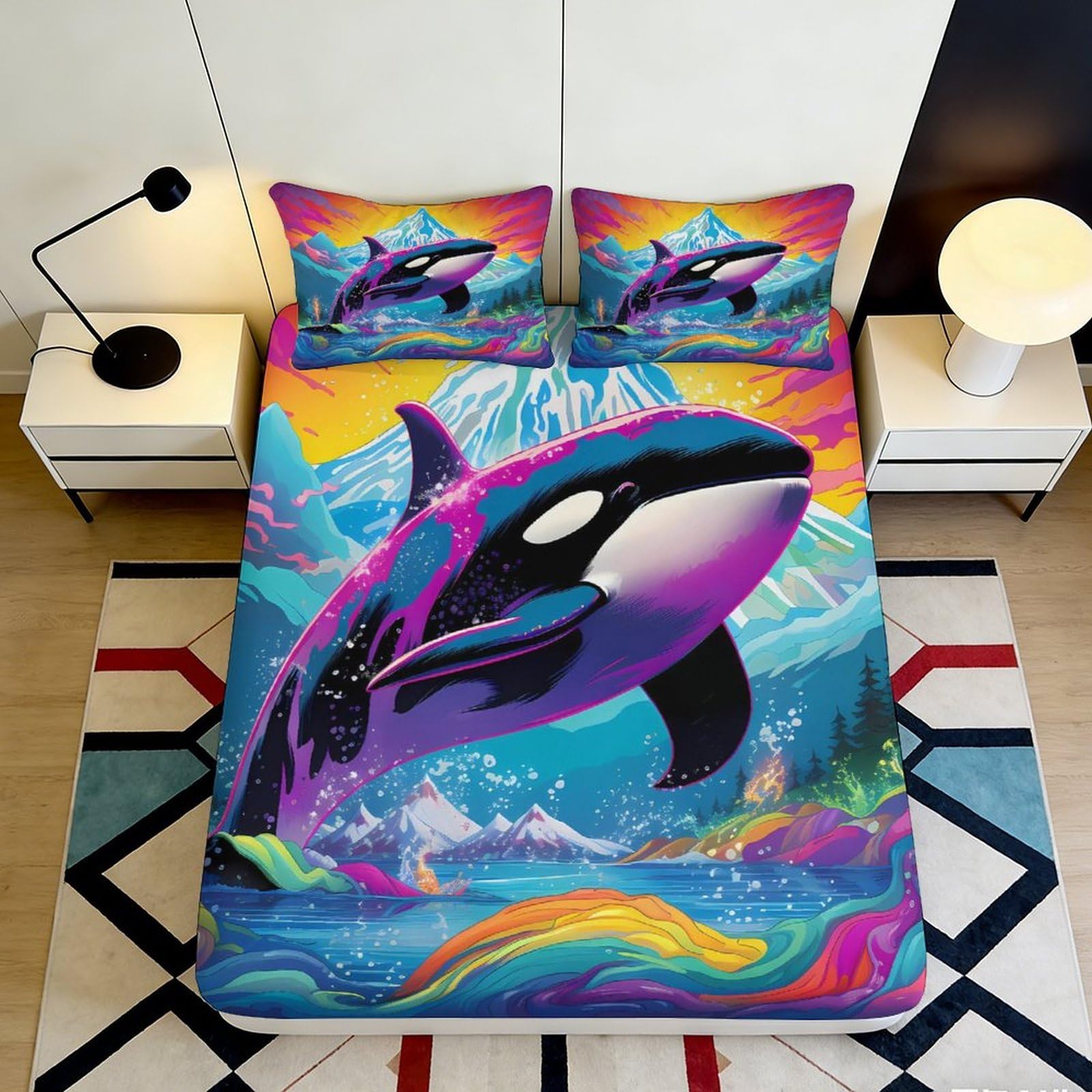 3D Printed Shark Pattern Fitted Sheet Microfiber Deep Pocket Elastic Hem Bedroom Bedding Shark Mattress Fitted Cover All Ages Washable 200x200x25cm