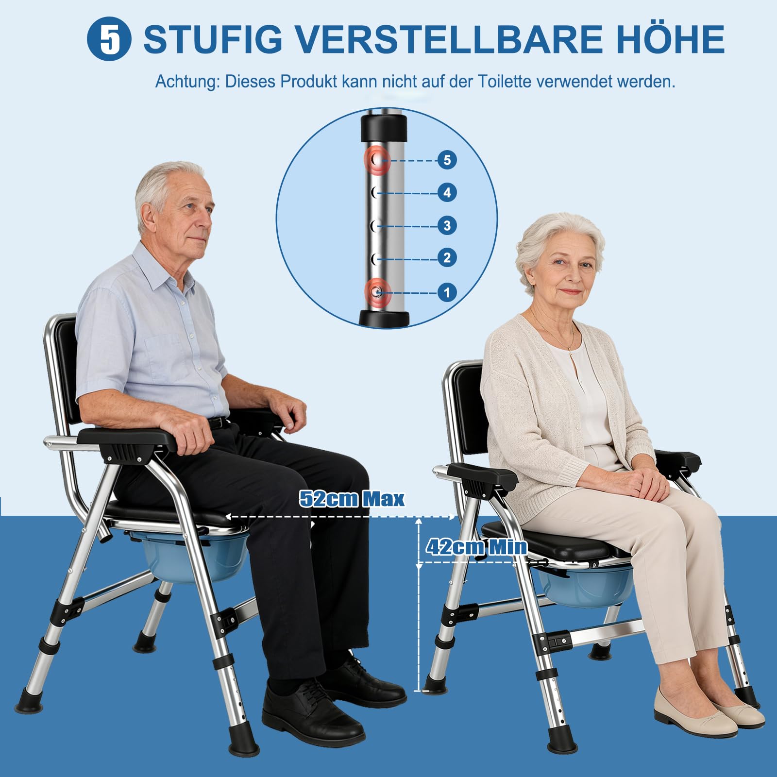 Klappbarer Toilettenstuhl, Höhenverstellbarer Nachtstuhl mit Gepolstertem Sitz, Tragbarer Toilettenstuhl mit Herausnehmbarem Eimer und Deckel für Schlafzimmer und Zuhause, Schwarz