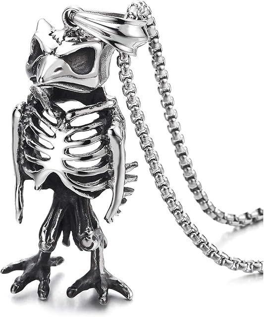 COOLSTEELANDBEYOND Mens Steel Retro Owl Woodpecker Skeleton Bone Pendant Necklace, Gothic Style, 30 inches Wheat Chain