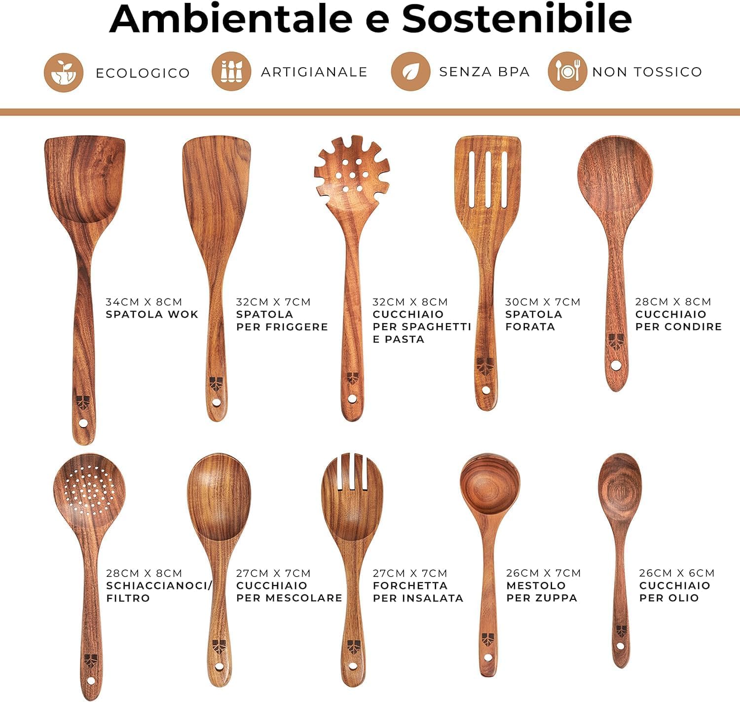 Set Utensili Cucina in Legno 10 Pezzi - Spatola Cucina e Cucchiai Legno, Accessori Cucina Fatti a Mano, Utensili Cucina Robusti e Leggeri, Ideali per Pentole e Padelle Antiaderenti, Antigraffio