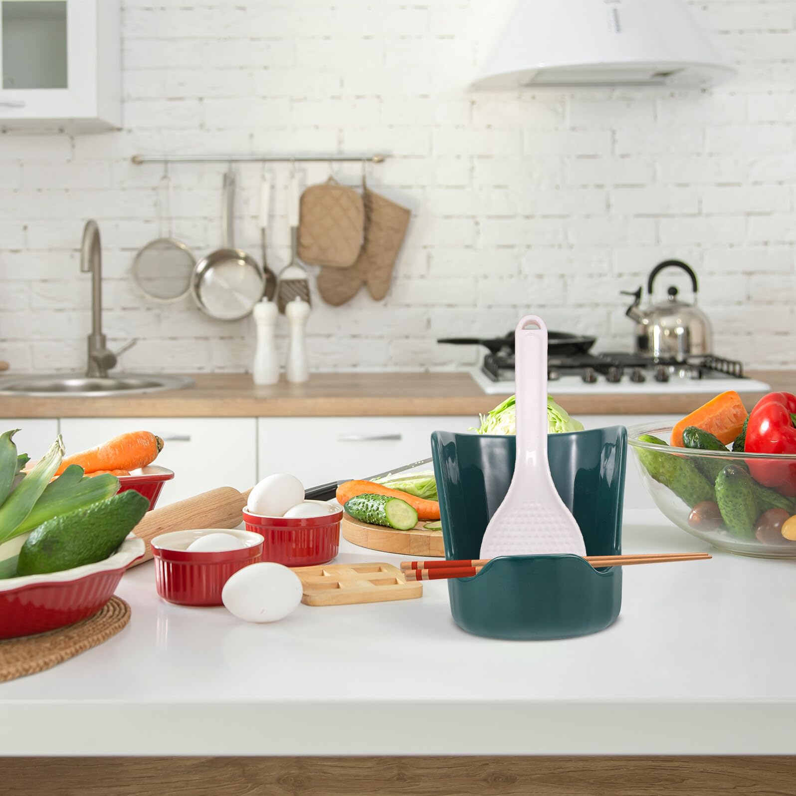 Gatuida Soporte para Tapa de Olla de Cerámica Verde, Vertical | Reposacucharas para Cocina, Estructura Estable, Ahorro de Espacio, Uso en Meal Prep