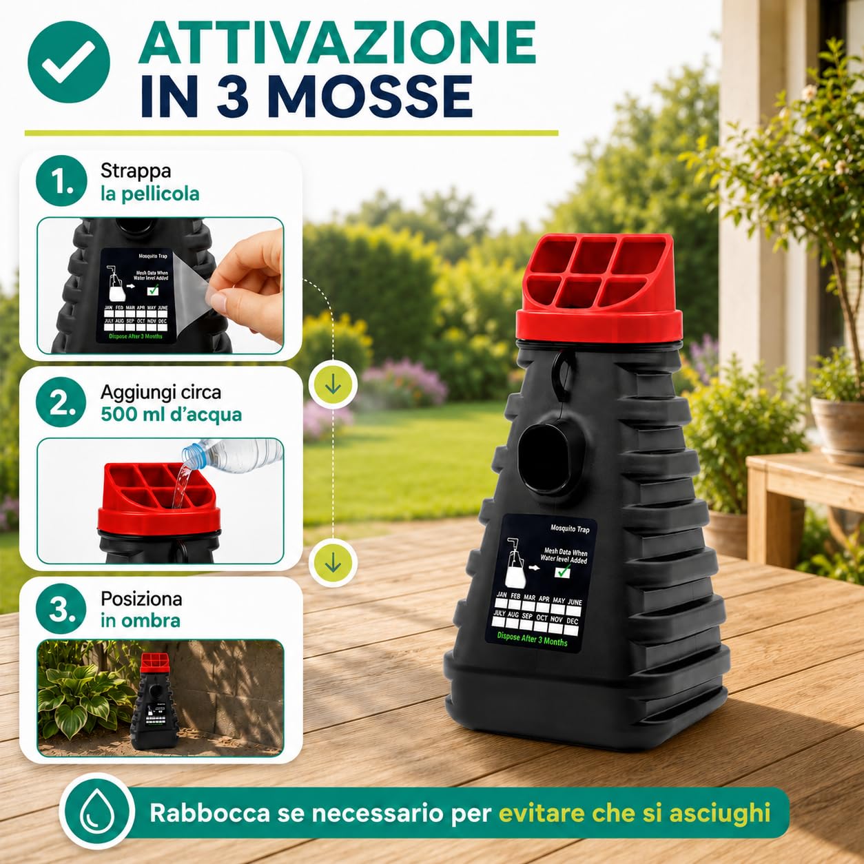 MOSQUITO TRAP | 1 PZ Trappola Zanzare Esterno Efficace 3 Mesi - Larvicida e Adulticida con Tecnologia a Rilascio Lento - Copertura 100mq - Esca Organica Inclusa - Antizanzare Prodotto