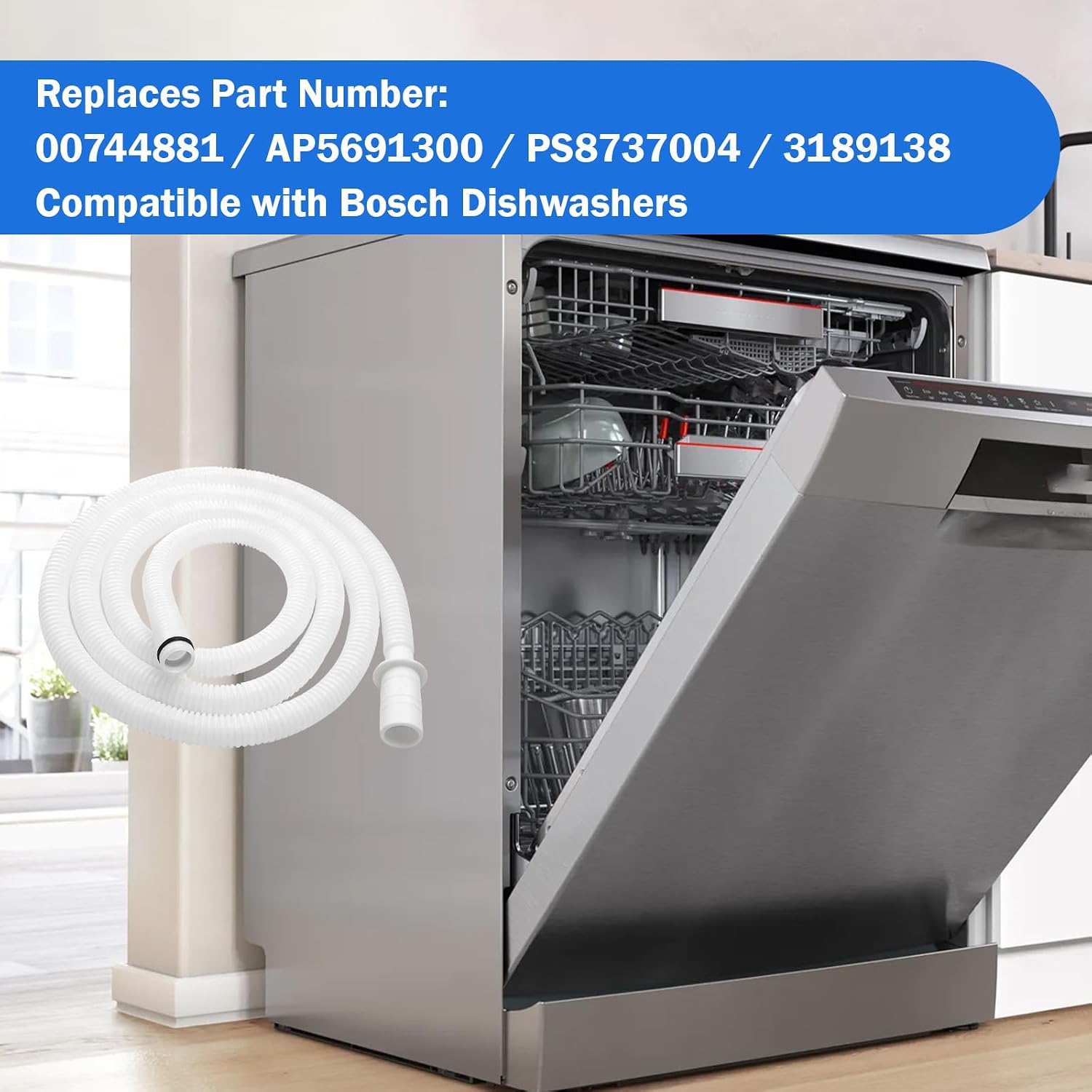 00744881 dishwasher drain hose replacement for Bosch, Replaces AP5691300 PS8737004 3189138 dishwasher drain hose