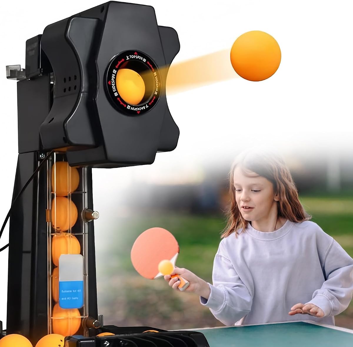 Ping Pong Robot Machine with 9 Spin Variations, Full Table Coverage, Adjustable Landing Points, Ball Recycling Net and Remote Control for Daily Practice