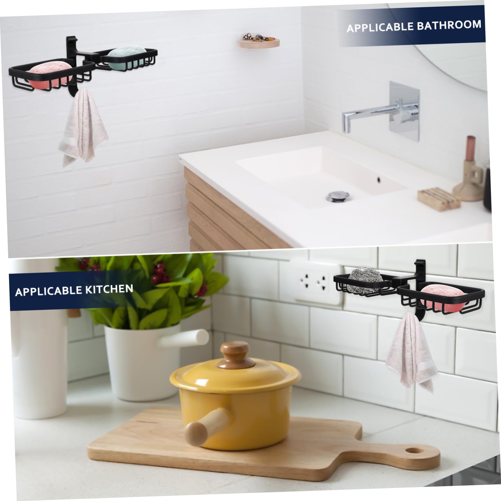 Jabonera de Pared de Aluminio Espacial Negra, Doble | Desmontable, Adhesivo sin Clavos, Gran Capacidad de Carga, para Baño y Cocina