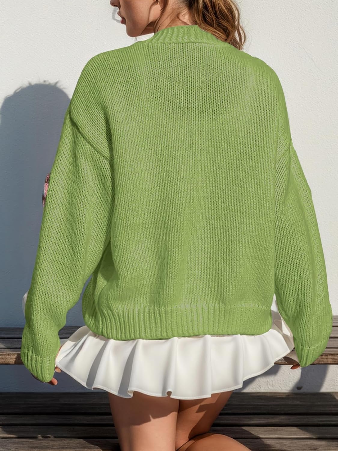 ebossy Women's Ribbed Knit Cardigans Embroidery Aesthetic Pretty Flowers Applique Button Up Sweater Coat - Image 3