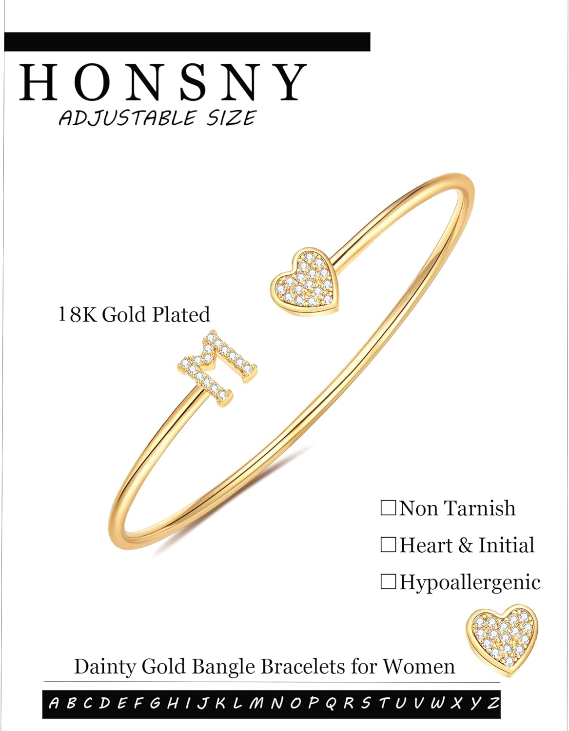 Honsny Gold Initial Bracelets for Women 18K Gold Plated Initial Heart Cuff Bangle Bracelets for Women Non Tarnish Dainty Cute Gold Initial Bracelets for Women Teen Bridesmaid Trendy Gifts Jewelry - Image 5