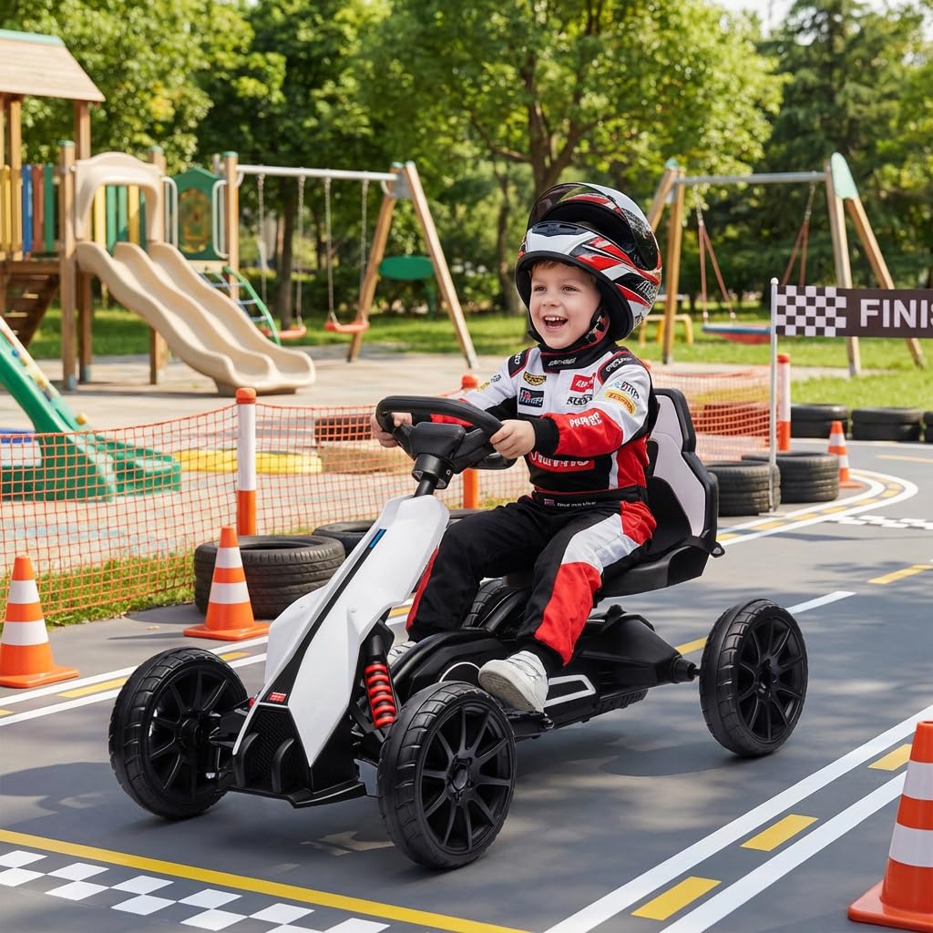 HOMCOM Kart électrique pour Enfant 12V - Vitesse 3-5km/h pour Enfants de 3 à 8 Ans - siège réglable Ceinture de sécurité et 5 Roues - Blanc