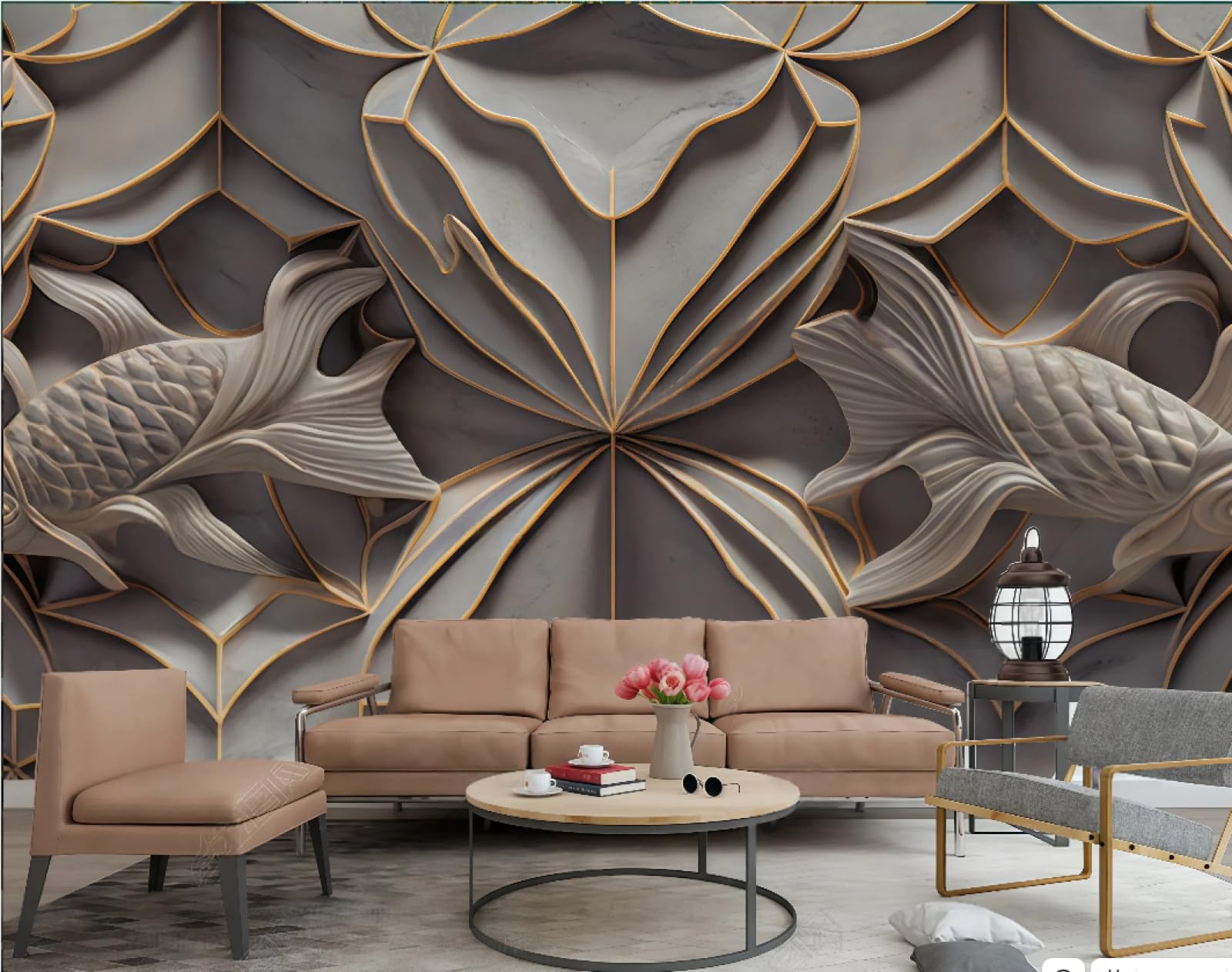 Papier Peint Moderne Sculpture Koi 3D - Panneau Mural Salon 200x140 cm