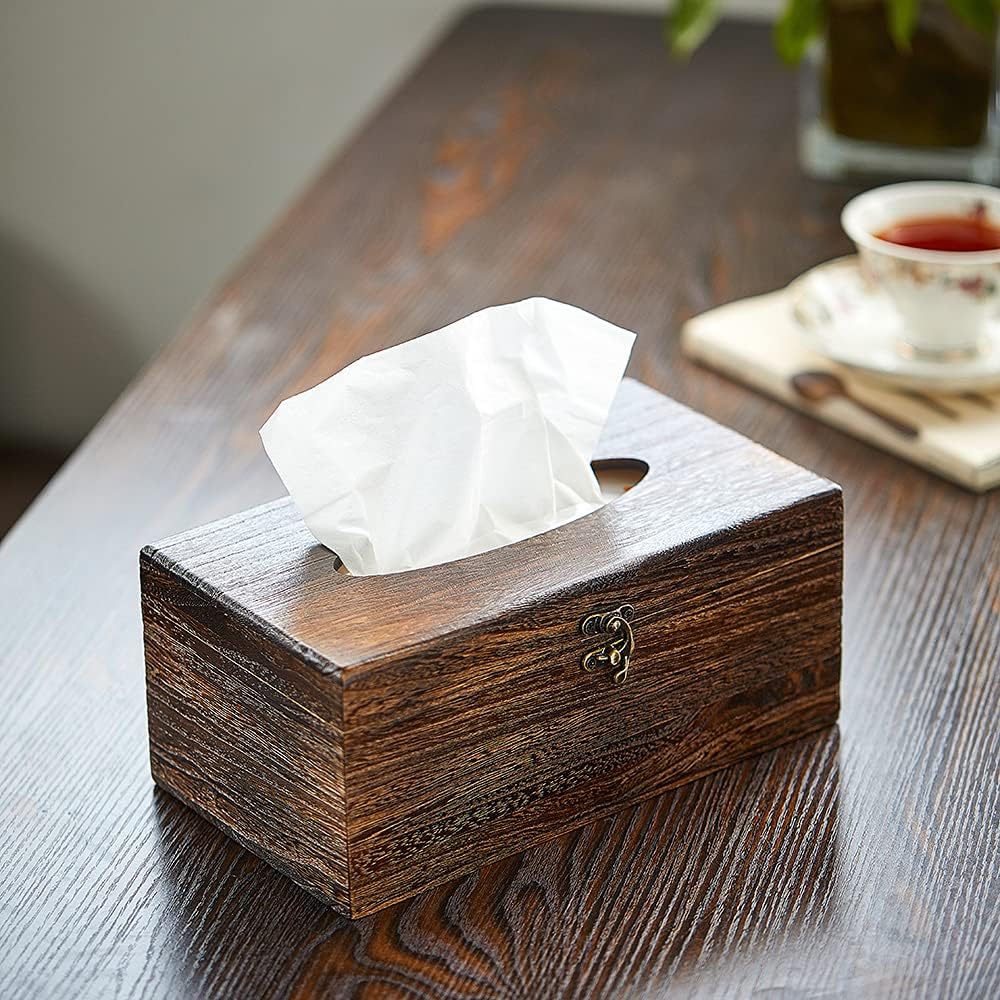 Rectangular Tissue Box Cover Decorative Wood Facial Tissue Holder with Hinged Lid Napkin Dispenser in Antique Style