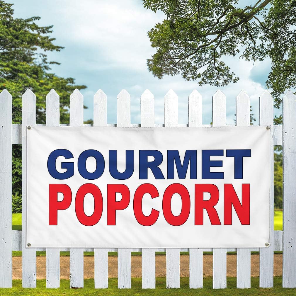 Vinyl Banner Multiple Sizes Gourmet Popcorn Blue Red Food Bar Restaurant Truck Restaurant & Food Outdoor Weatherproof Industrial Yard Signs 4 Grommets 16x40Inches