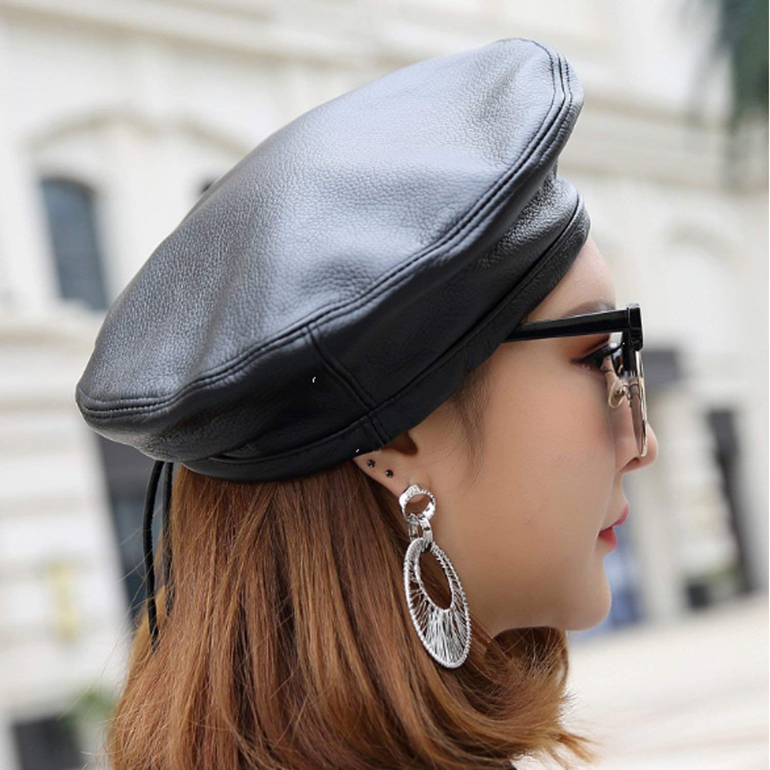 Sombrero Cuero Sheepskin Spfall Winter Street Hip Star Star Ocio Jazz Cap, Mejor Comodidad/Black/Xxl