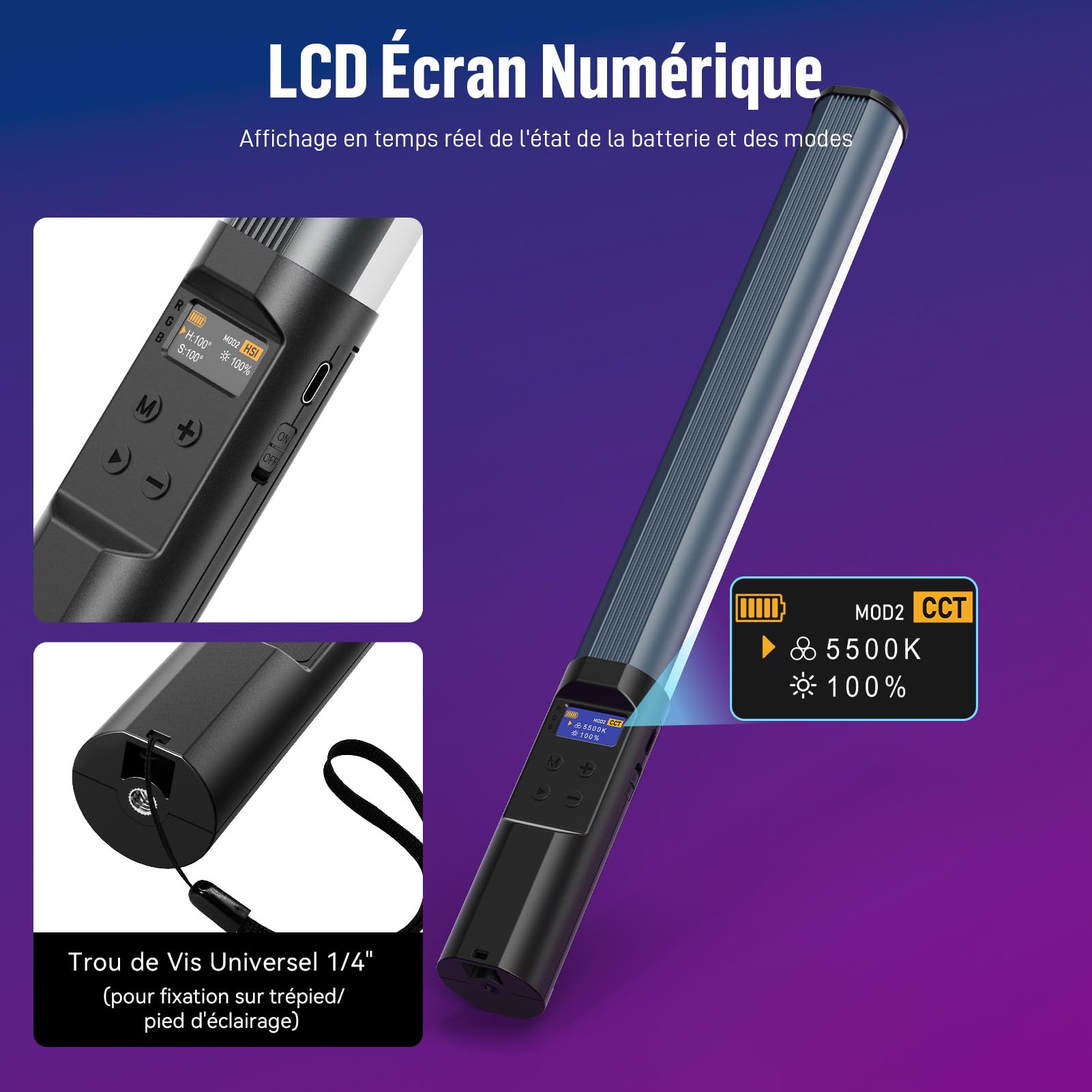 Lampe Vidéo LED RGB Tube Lumineux pour Photo avec Contrôle APP, 360° Couleurs Complètes, 2500K-9900K, Luminosité Réglable, 24 Effets, 2600mAh Batterie pour TikTok, Vlog, Youtube, Photographie