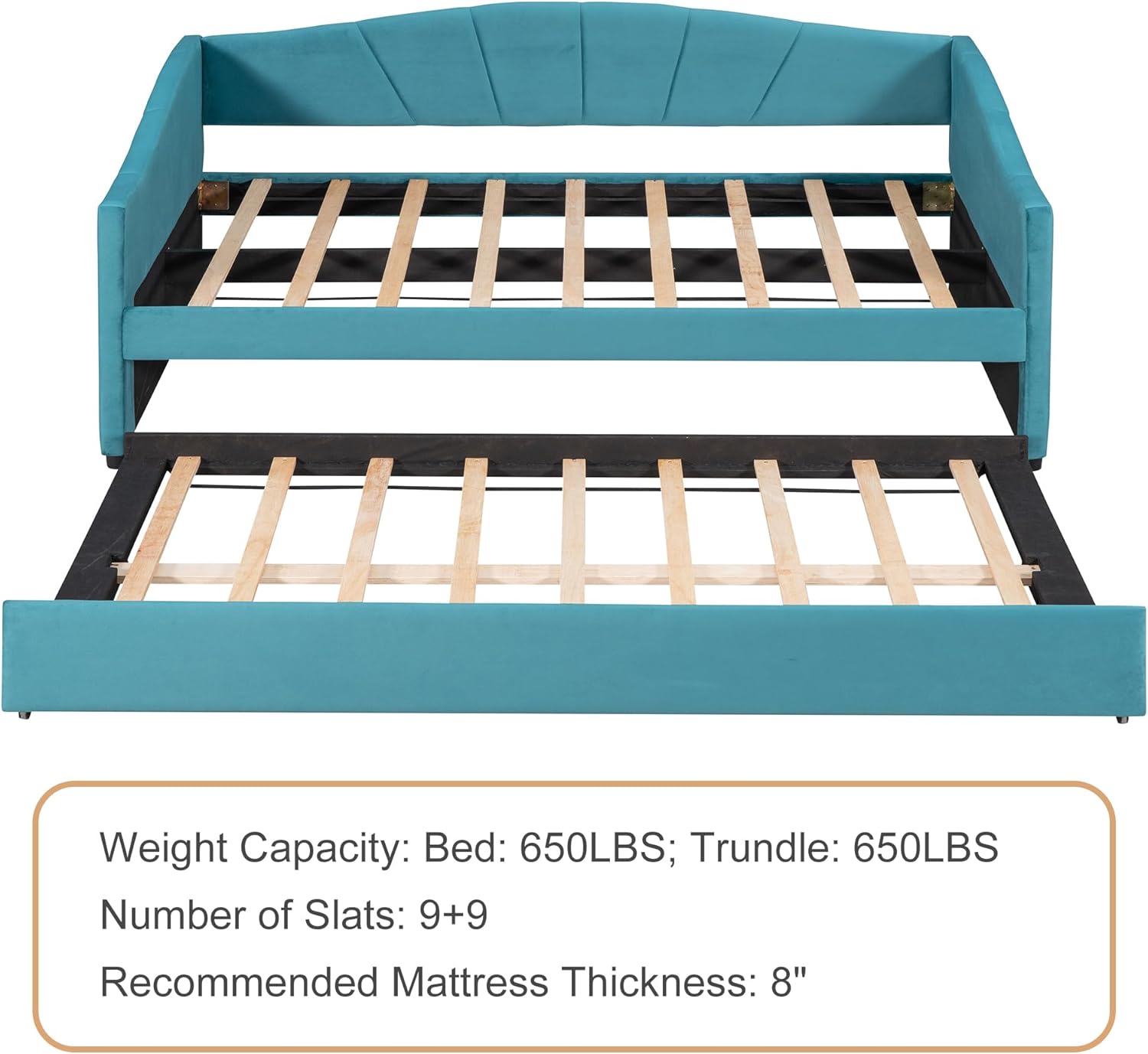 Image detailing weight capacity, number of slats, and recommended mattress thickness