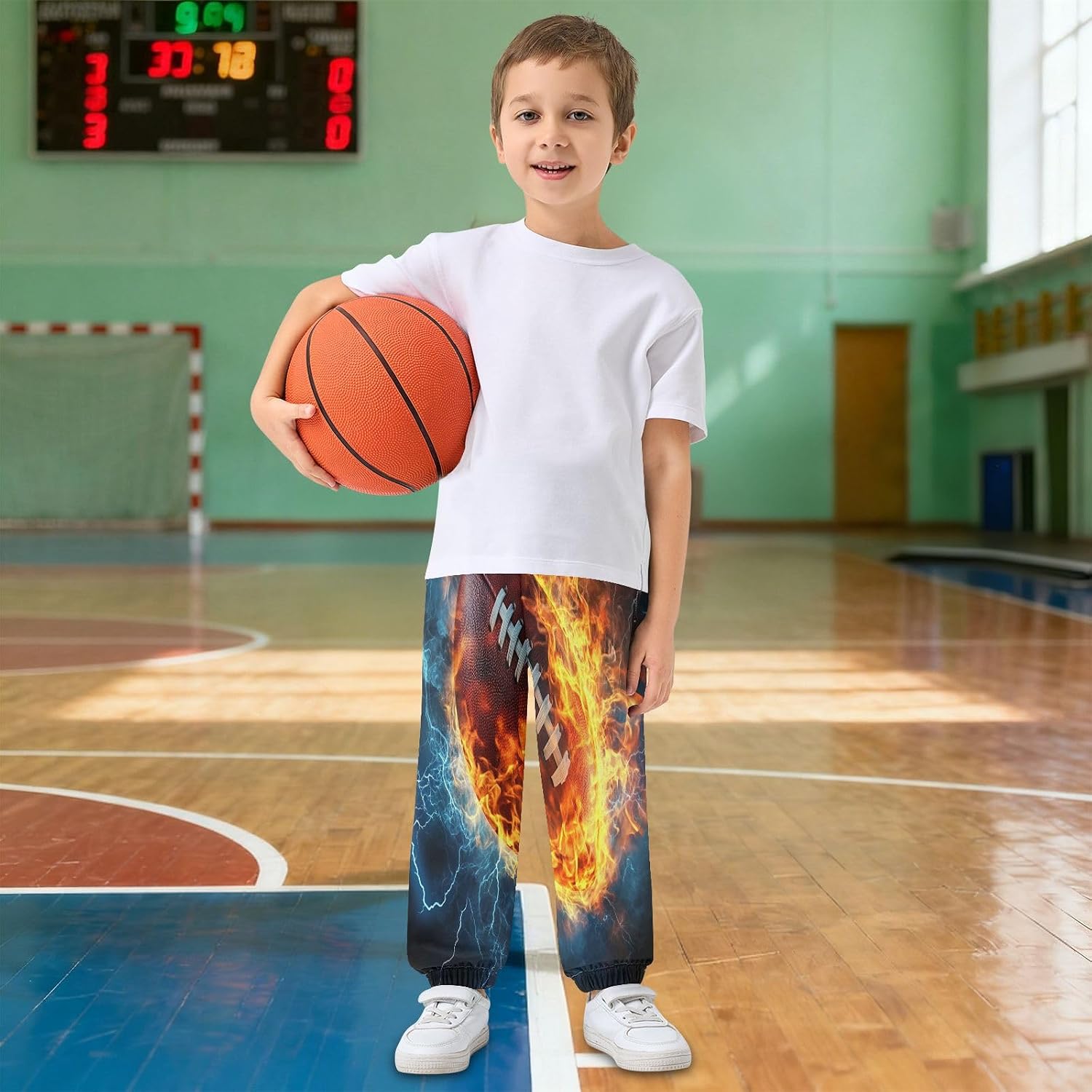 Boy Sweatpants American Football Flame Joggers Casual Athletic Pants Kids Elastic Waist Cuffed with Pockets