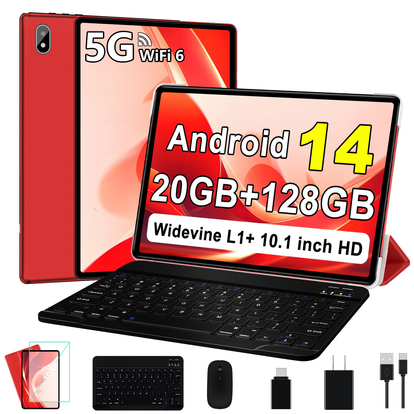 UJJ Android 14 Tablet Tabletas de 10 pulgadas, 20GB+128GB/1TB Expandible, Tabletas con Octa-Core, WiFi 6, Dual Camera, BT 5.0, Batería de 6000mAh, Pantalla HD IPS, Widevine L1, Tableta con Teclado Ratón - Rojo