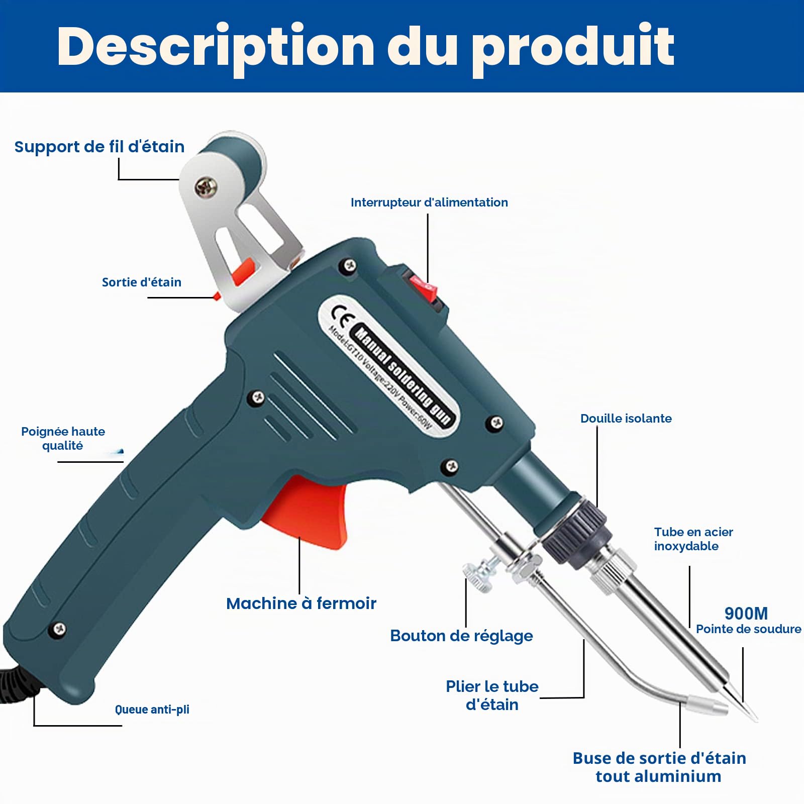 Kit pistolet à souder électronique 60 W avec 5 pannes à souder, pompe à dessouder, pince à épiler, fils de soudure, support et tournevis cruciforme pour réparation automobile, bricolage (Vert)