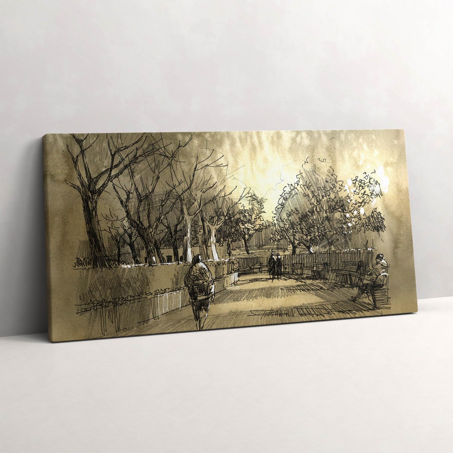Croquis parc et arbres en sépia tableau photo sur toile 120x60