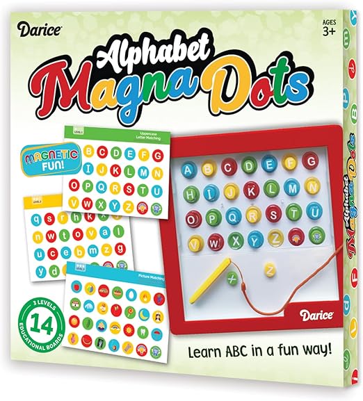 Darice Magnetic Drawing Board with Letters Set for Kids - ABC Magnetic Dot Board with Magnetic Pen, Beads and Activity Cards - Educational Learning Toy - Airplane Car Travel Essentials for Kids