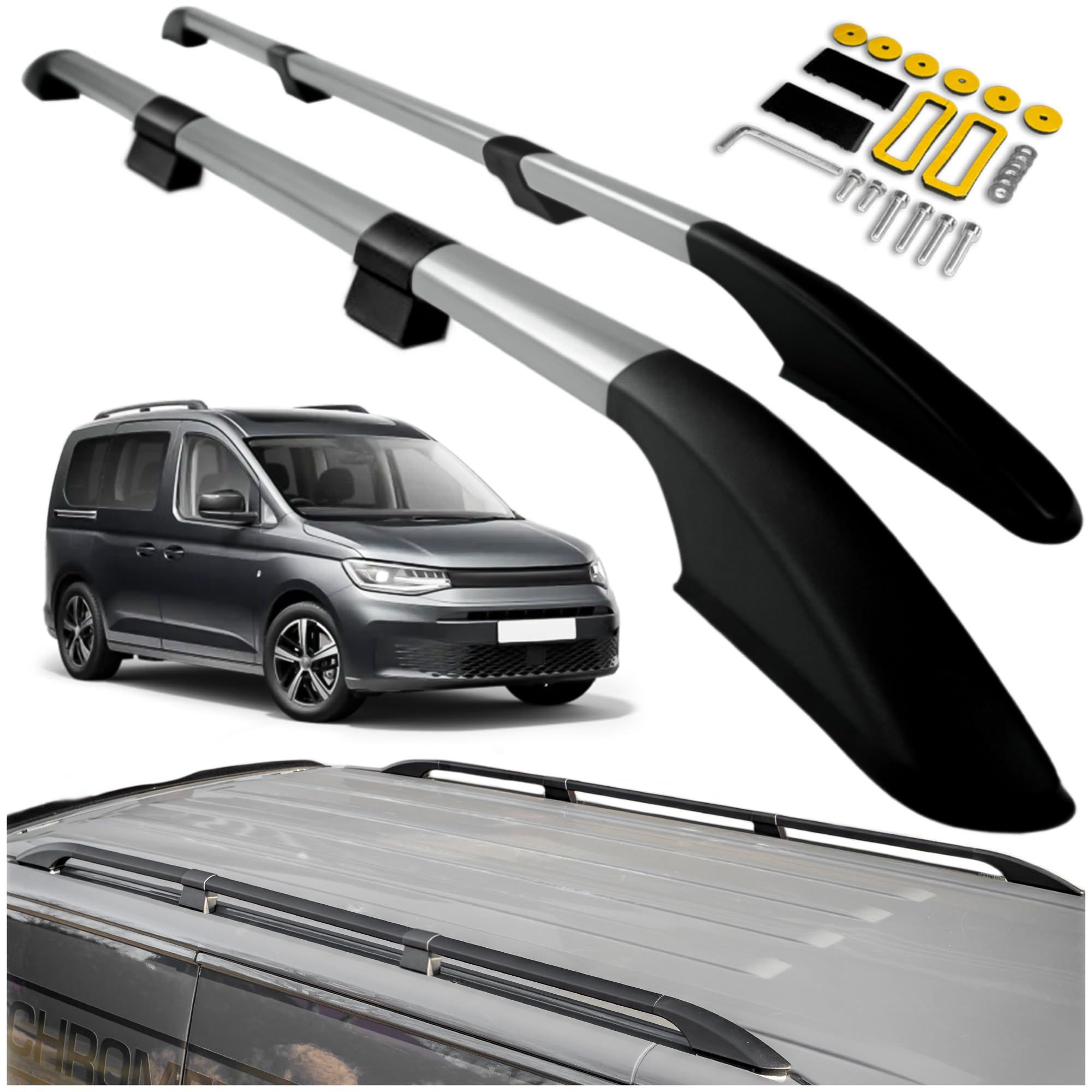 CHROMEMASTER | Compatible con VW Caddy 4 2021+ Long | Barras Portaequipajes, Rieles de Techo; Se Utilizan para el Montaje de Portaequipajes de Techo, Cajas de Techo o Portabicicletas; Aluminio