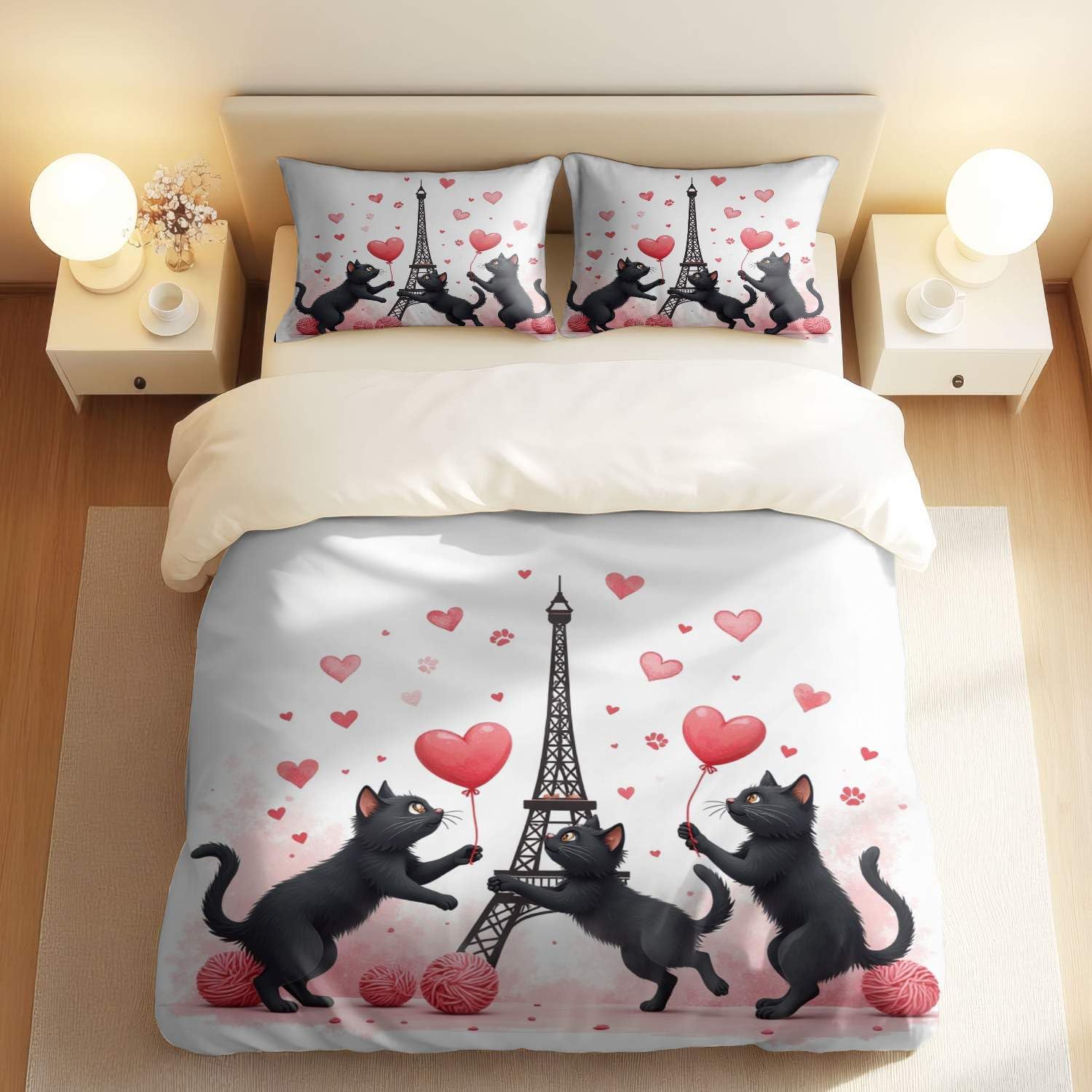 Parure douce et respirante avec housse de couette imprimé chat noir pour lit 2 personnes