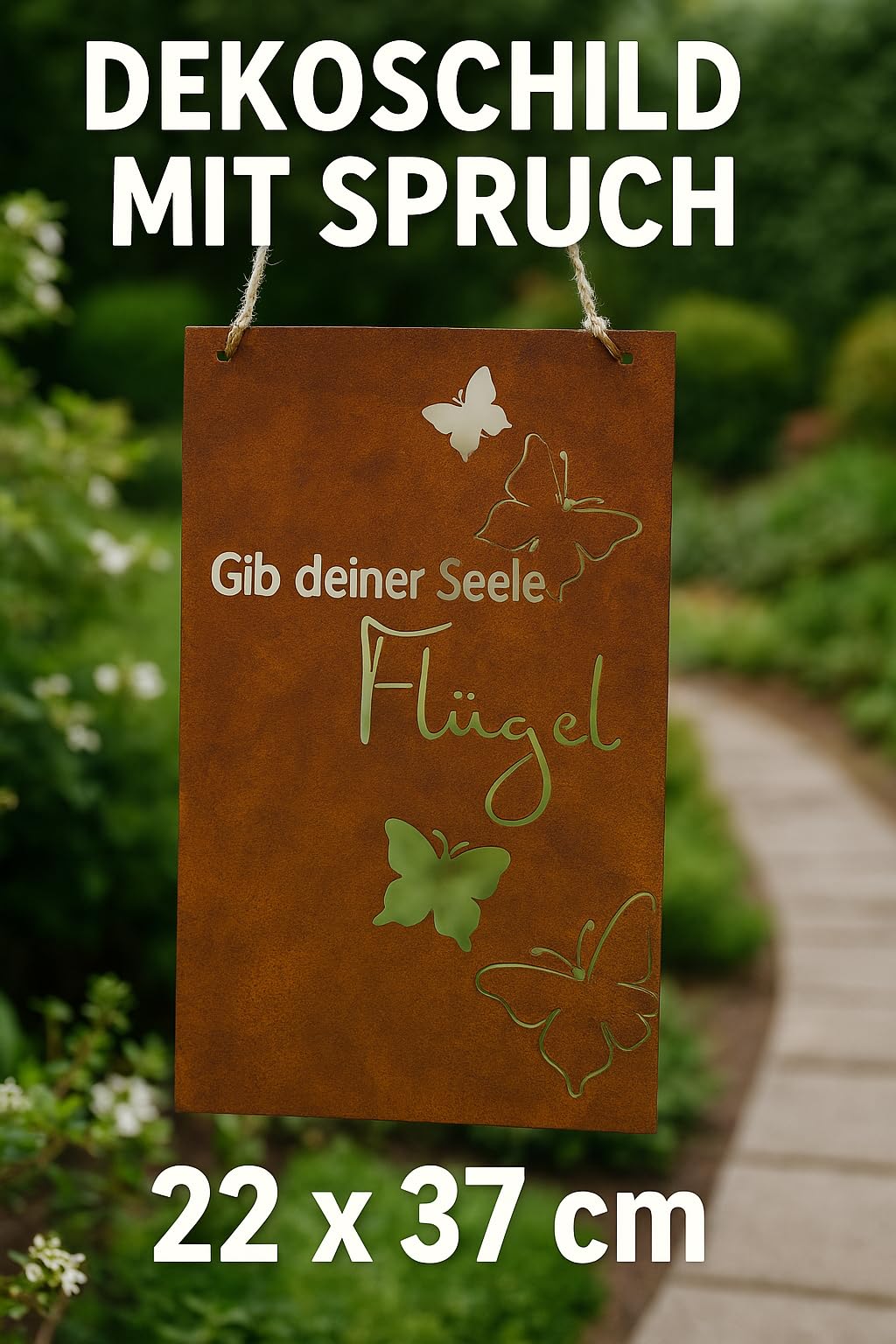 Edelrost Spruchtafel Gib deiner Seele Flügel, Rostdeko Gartendeko Tafel aus Metall 22x37 cm, nostalgisches Design, ideal für Garten und Terrasse