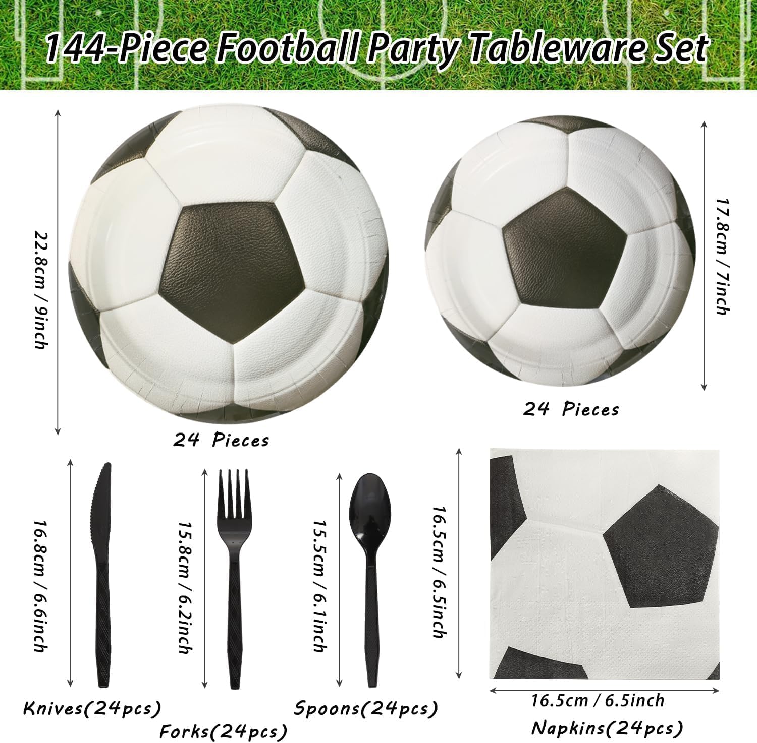 144 Pcs 3D Soccer Party Supplies Paper Plates and Napkins Dinnerware Set Tableware Supplies - Includes Paper Plates, Napkins, Forks - Serves 24 for Birthday Sports Parties