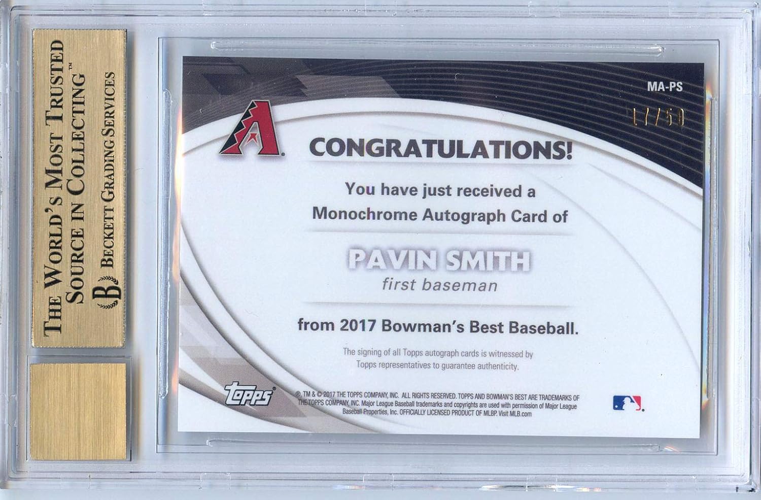 Pavin Smith Arizona Diamondbacks 2017 Bowman's Best Monochrome Autographs Gold Refractor Autographed Baseball Card 17/50 Beckett Certified Graded BGS Gem Mint 9.5