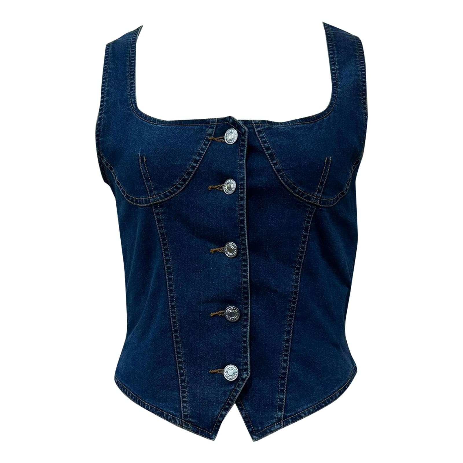 Denim Top Damen Ärmelloses Sommertop Jeans Weste Y2K Tops Quadratischem Ausschnitt Knopfleiste Tanktop Slim Fit Oberteil Bauchfreies Trägertop Freizeittop Casualtop Sommer Outfits