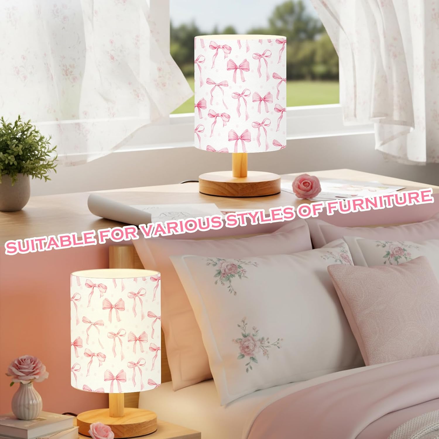 VIHOSE Bow Style Kids Table Lamp for Bedroom Kids Bedside Lamp with Linen Wooden Nightstand Cartoon Nursery Lampshade for Girls Boys Living Room