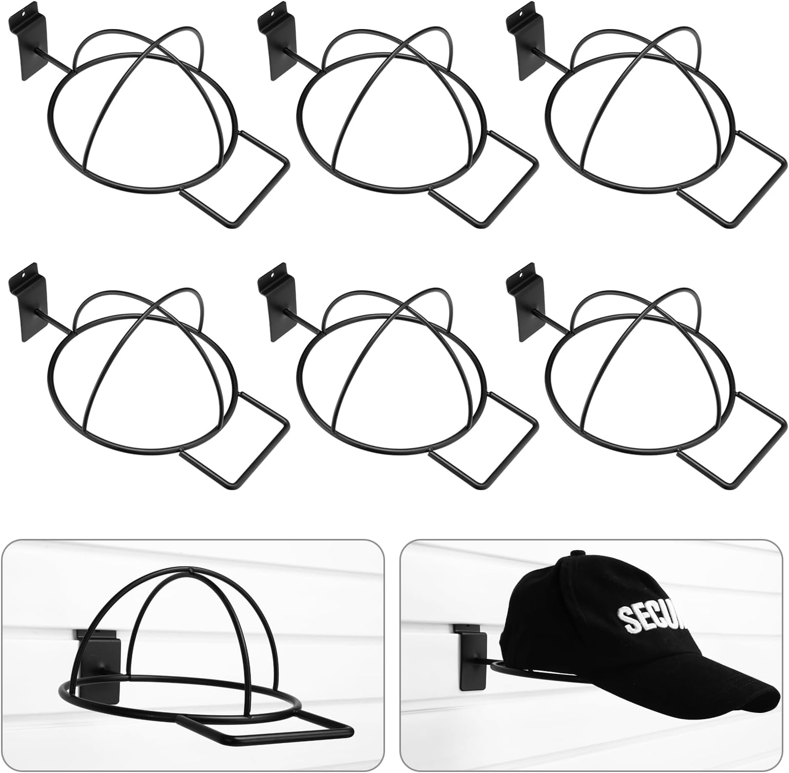 Kigley 6 Pcs Wire Hat Display for Baseball Caps Black Metal Slatwall Accessories Rack Retail Shelves for Merchandise Door Closet Office Bedroom(Square Brim,Black)