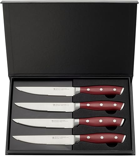 Miniatura 7 de HENCKELS Juego de 4 cuchillos para carne forjados con acento afilado, color rojo, cuchillo de ingeniería alemana informado por más de 100 años de