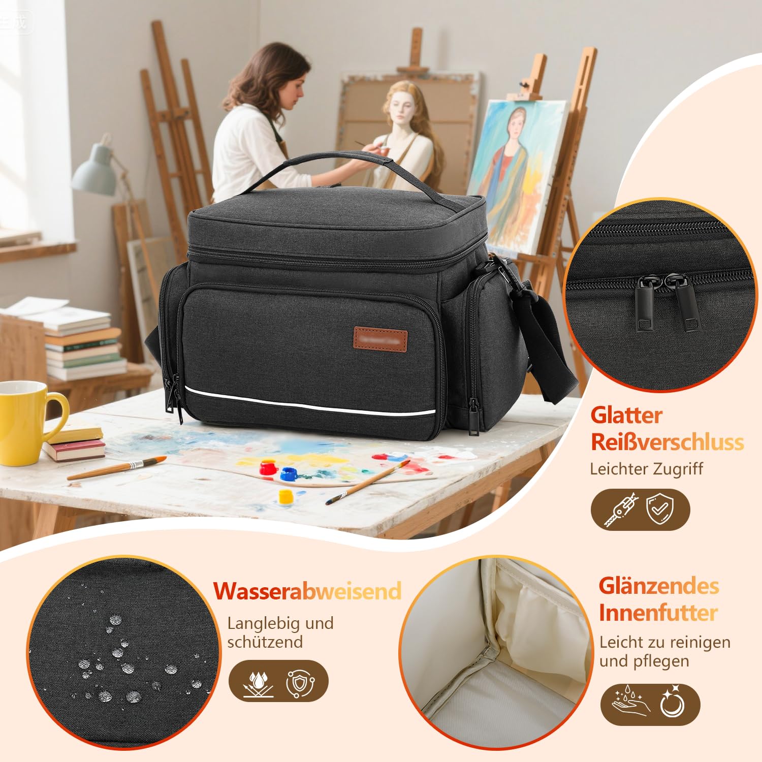 Acrylfarben-Organizer Tasche – Künstler-Aufbewahrung für Malutensilien, Tragbare Pinseltasche & Art Tote Bag, Wasserabweisend mit Fächern für Pinsel, Farben & Zubehör (Nur Tasche)