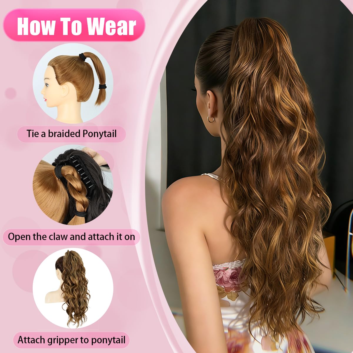 Ponytail Extension, 26 Inch Claw Clip Ponytail Extension Long Wave Ponytail Extensions for Women Fluffy Natural Synthetic Hairpiece for Daily Use(Color:Dark brown mixed with light yellow)