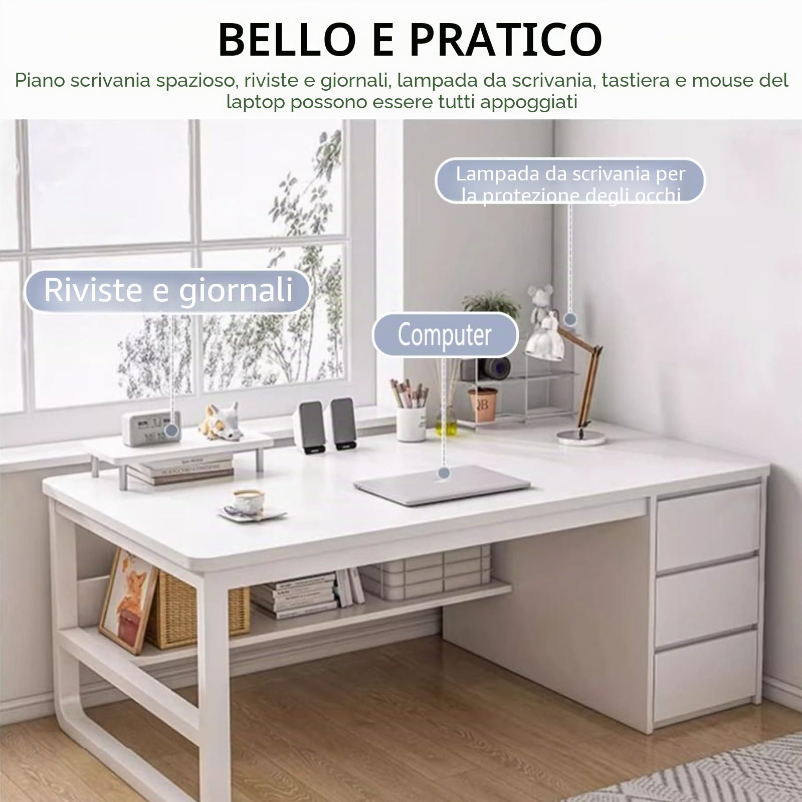 Scrivania Ad Angolo con Cassetti, Scrivanie per L'home Office con Libreria, Scrivania Moderna per La Camera da Letto Dell'home Office D,140X48X75CM
