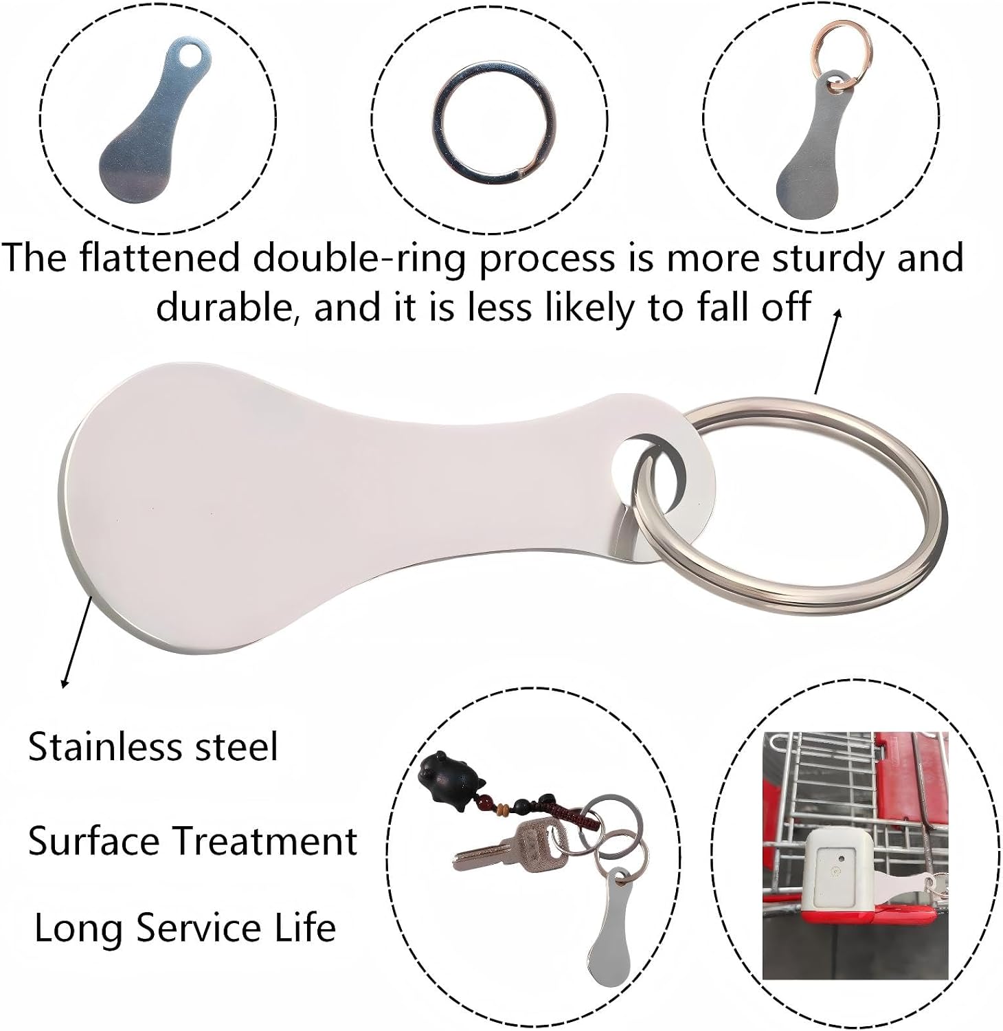 stainless steel shopping trolley tokens, equipped with a metal key ring, suitable for both men and women
