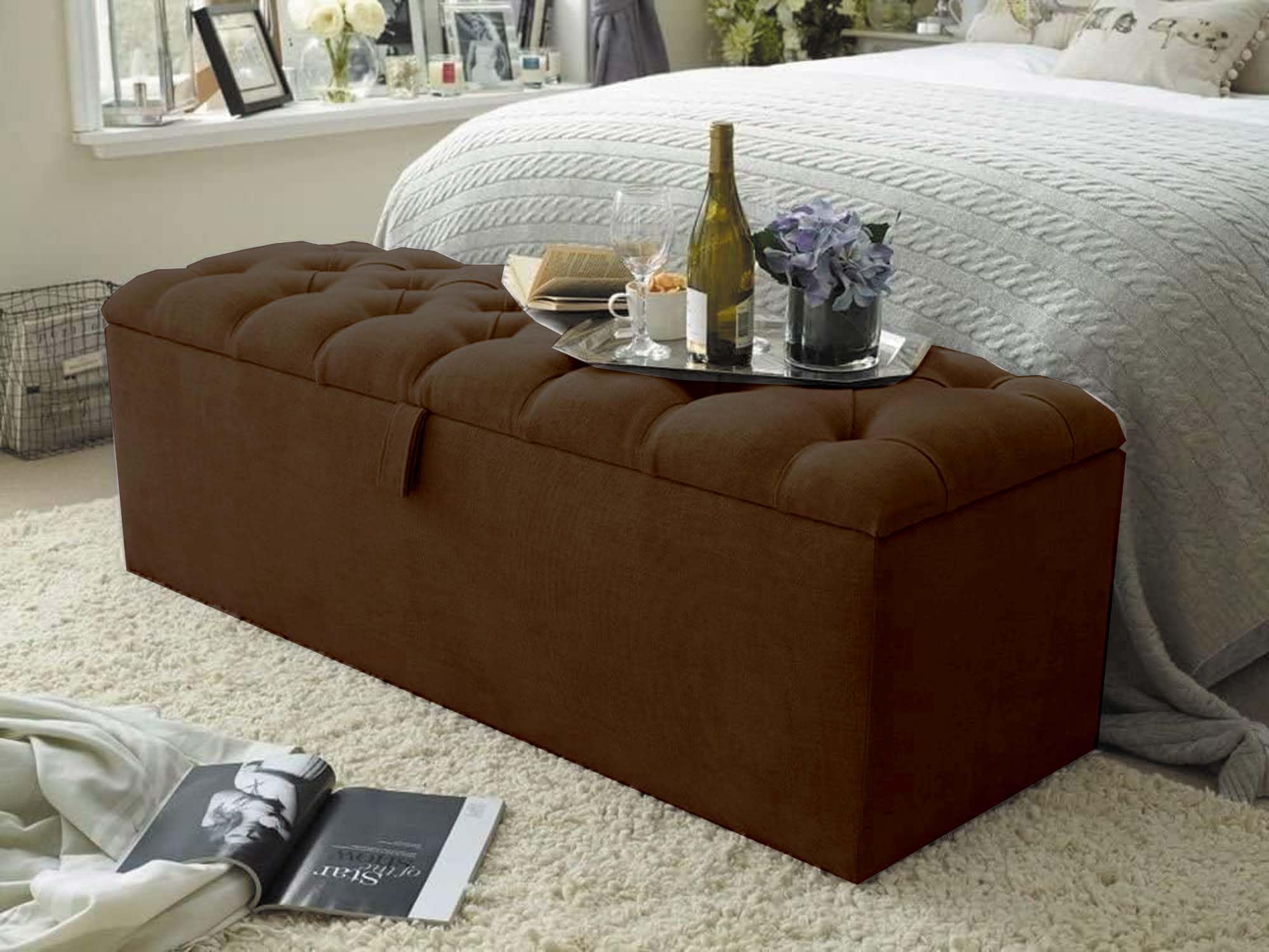 Ottoman Storage Box - Rectangular Storage Pouffe Stool Footstool with Storage - Turin Fabric Upholstered Blanket Box - End of Bed Bench Toy Storage (Brown, 4ft Small Double Size)