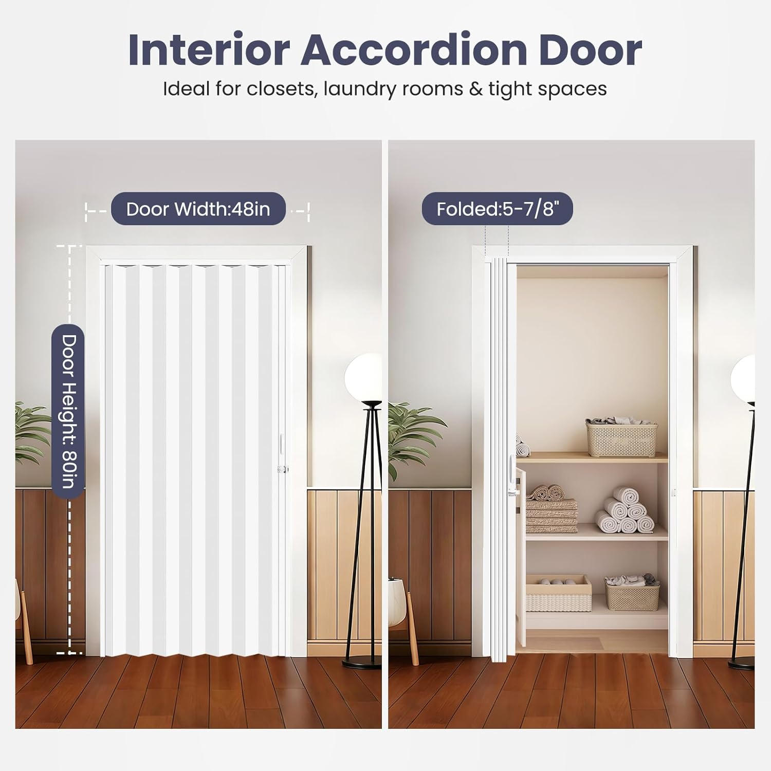 DIYHD 48X80in Accordion Door, White Double Layer PVC Folding Interior Door with Sliding Track Kit, Space-Saving Closet Door, No Floor Track, Dual-Sided Handle & Latch, Easy Install