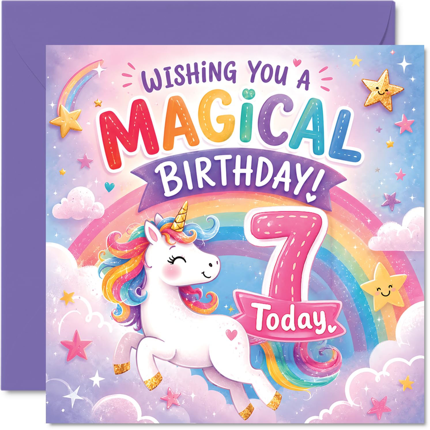 Cute 7th Birthday Card - Bursting with Birthday Magic - Prancing Unicorn with Rainbow and Smiling Stars - 145mm Square, Envelope Included