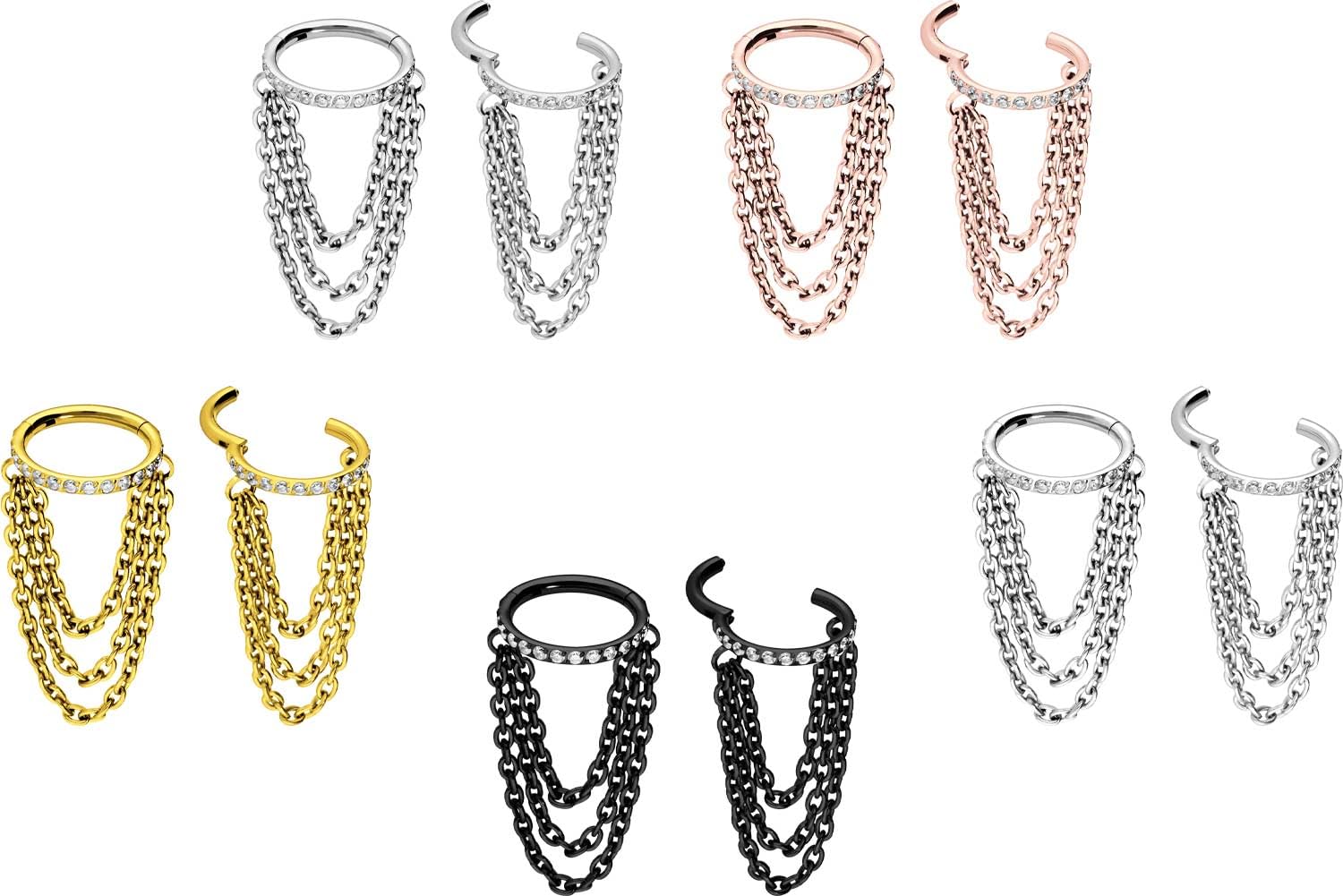 PIERCINGLINE Titan Segmentring Clicker EINGEFASSTE KRISTALLE + 3 KETTEN Piercing Ohr Helix Farb & Größenauswahl