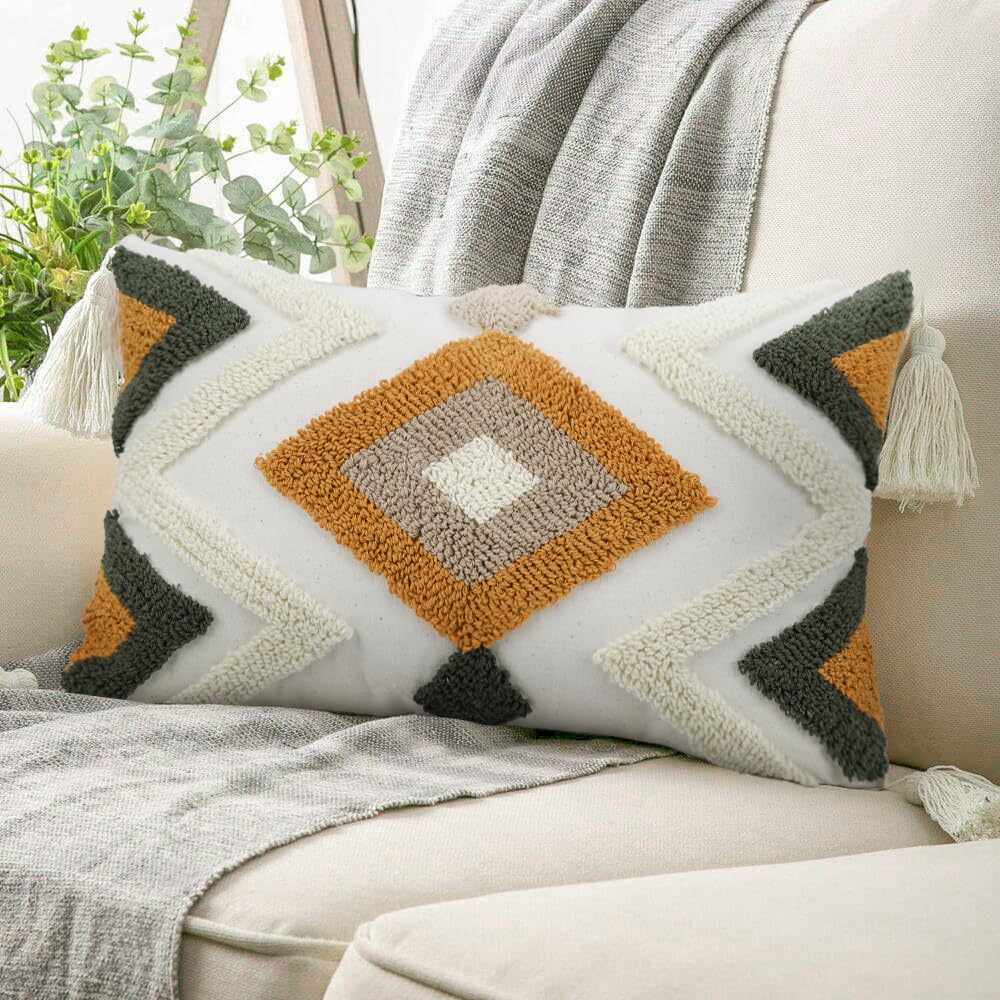 Woven Tufted Boho Throw Pillow Covers 12x20, Farmhouse Pillows Cover Cases Cushion with Tassels, Neutral Decorative Square Pillowcases for Couch Bed