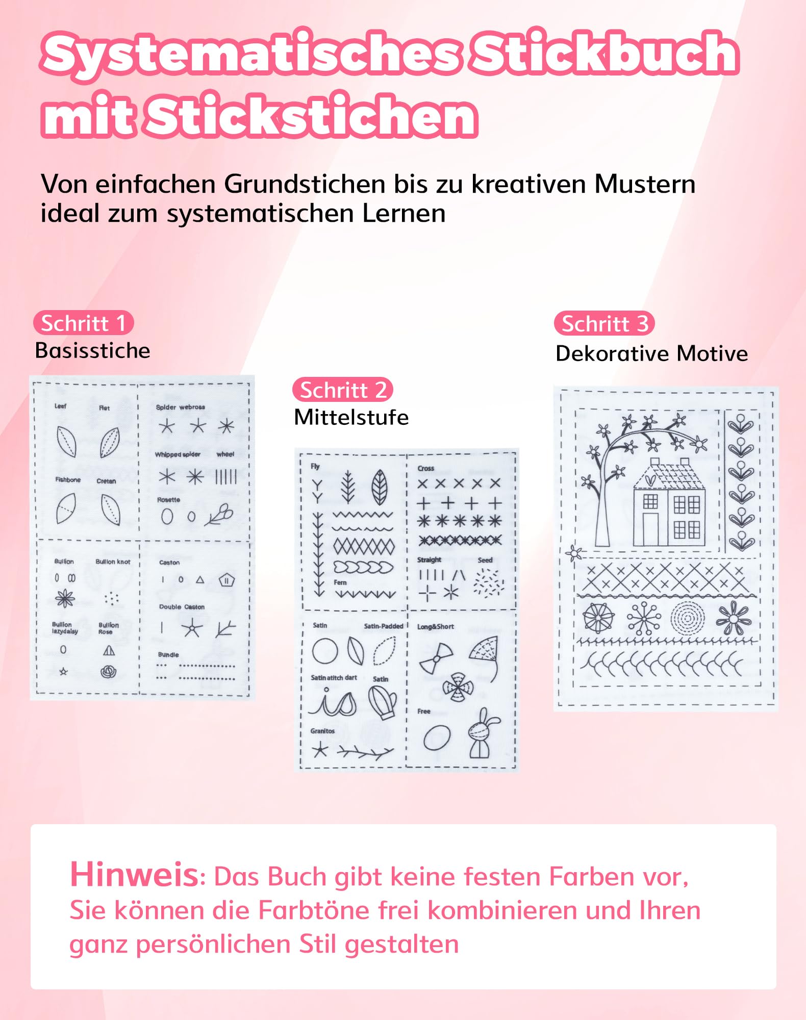 Stickbuch mit Stickstichen Komplettes DIY Stickbuch zum selber Sticken Stickset für Anfänger Erwachsene inkl. Garn Nadeln Übungsstoff, Systematisches Lernset Stickset Buch Stichbuch Embroidery Book