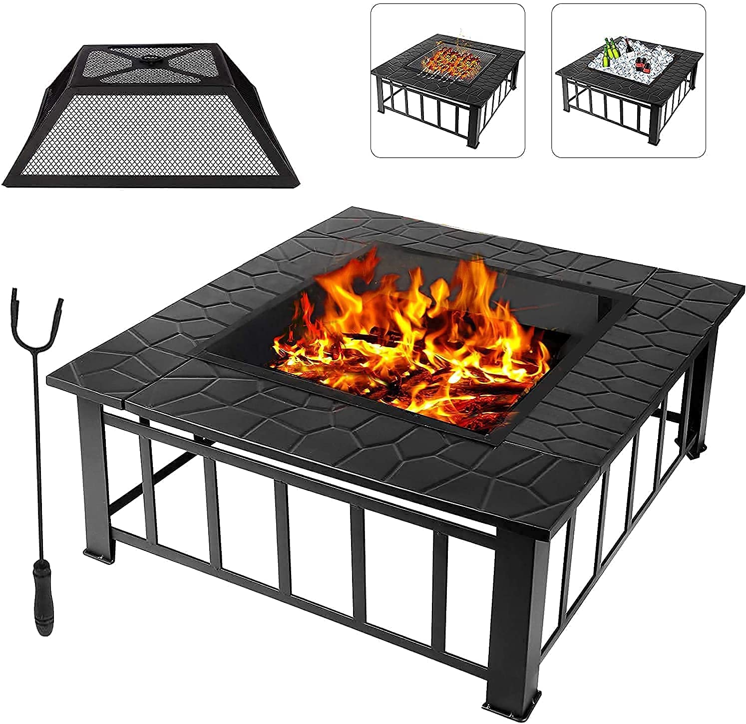 Outdoor Fire Pits for Garden Large,3 In 1 Square Fire Pit Table Grill,Ice Pit,Outside Heater,Metal Brazier and Firebowl for Camping Barbecue