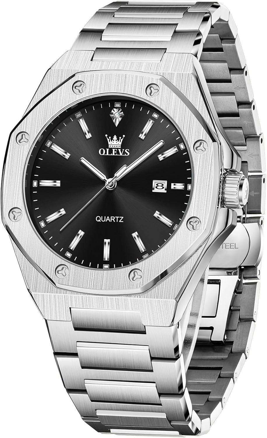 OLEVS Men's Stainless Steel Watch, Large Face Octagonal Three-Hand Analog Quartz Watches for Men, Luxury Easy to Read Calendar Date Waterproof Luminous Mens Wristwatch