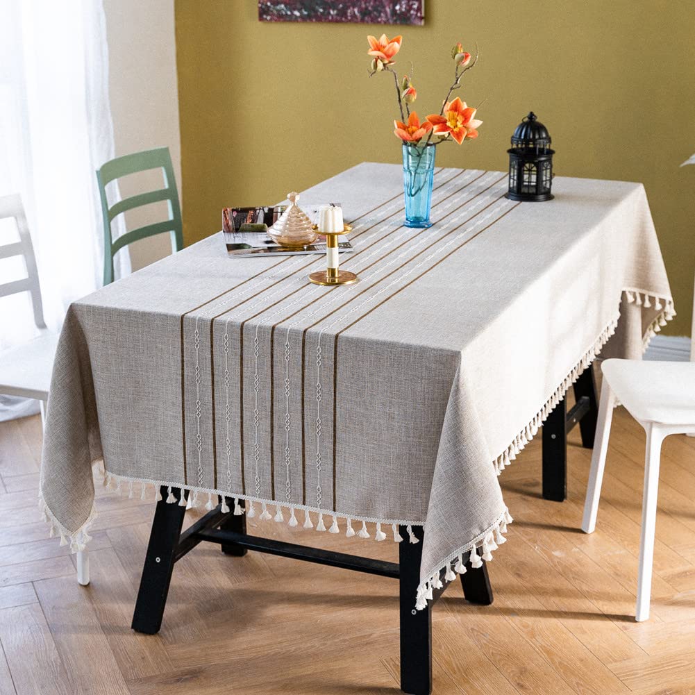 DriftAway Leinen-Tischdecke Mit Pompon-Quaste – 137x274 Cm, Streifenmuster, Für Drinnen & Draußen