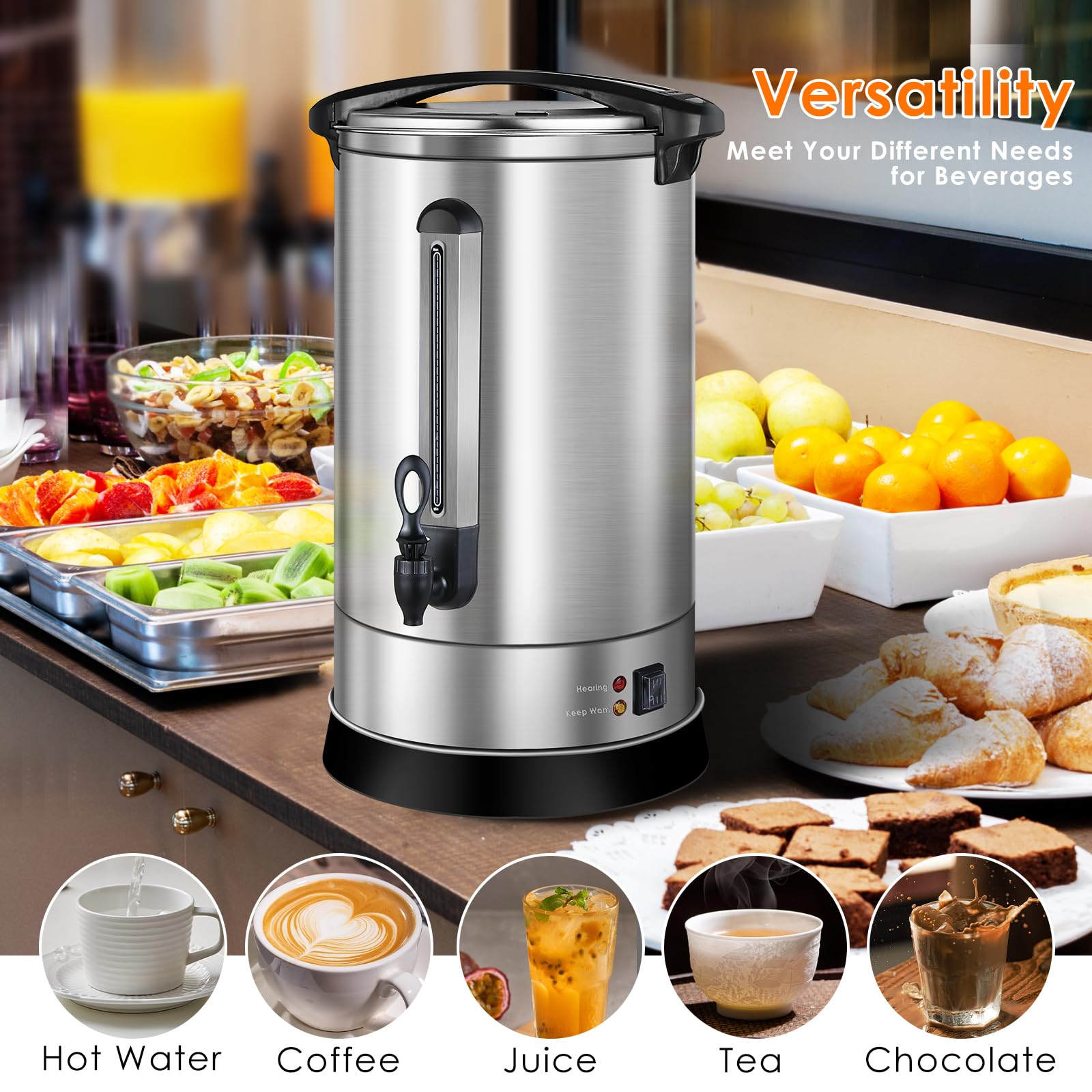 Homtone percolateur à café 120 tasses/18L à double paroi, percolateur industriel avec filtre rond et robinet, distributeur d'Eau Chaude pour Café, Thé, 1500W (Argent)
