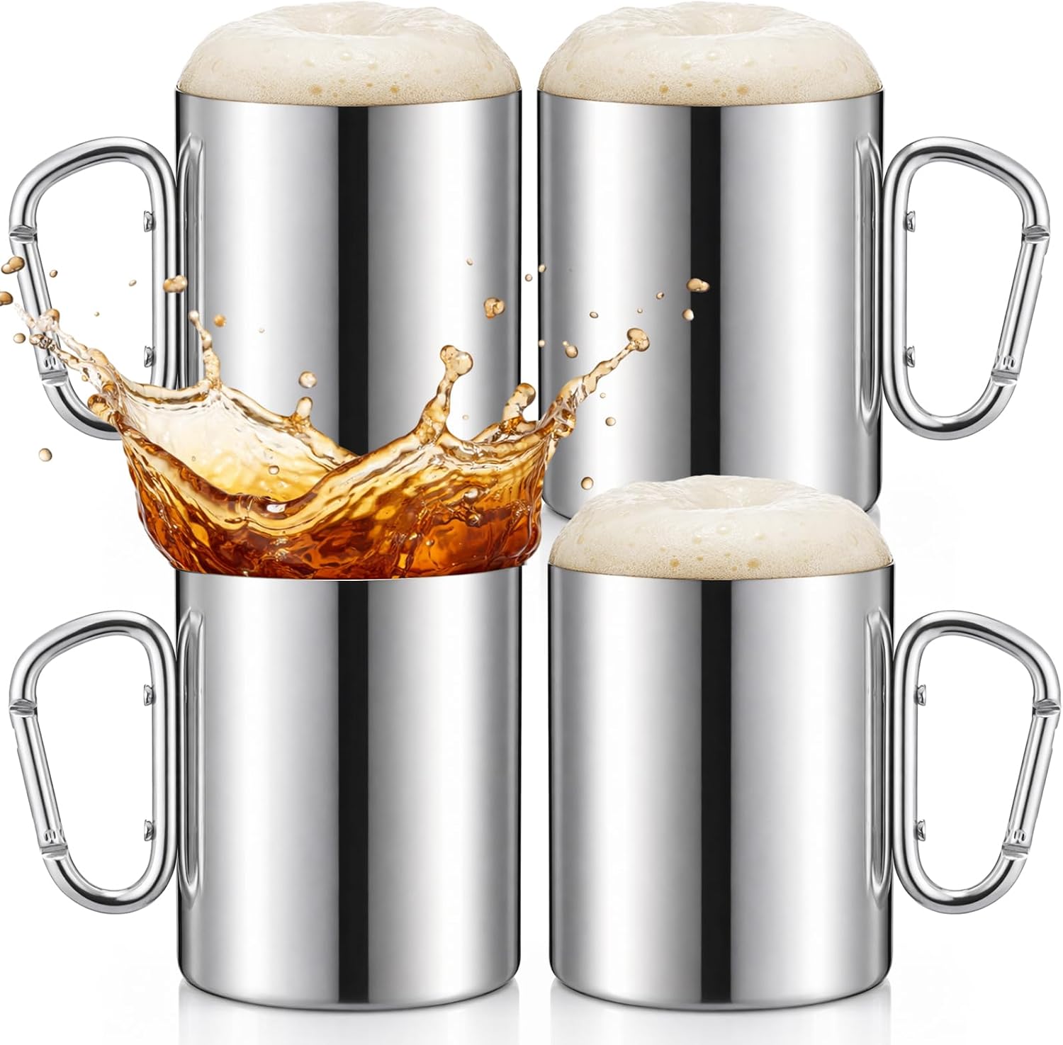 Hushee 4 Pack Stainless Steel Beer Mugs, 20 oz Double Walled Beer Stein Cups with Carabiner Handle, Unbreakable Insulated Outdoor Metal Cups for Hot or Cold Beverages, Camping, Hiking, Parties